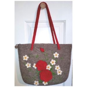 Vintage Floral Purse Felted Wool Gray Red Roses Shoulder Bag Tan Felt Flowers